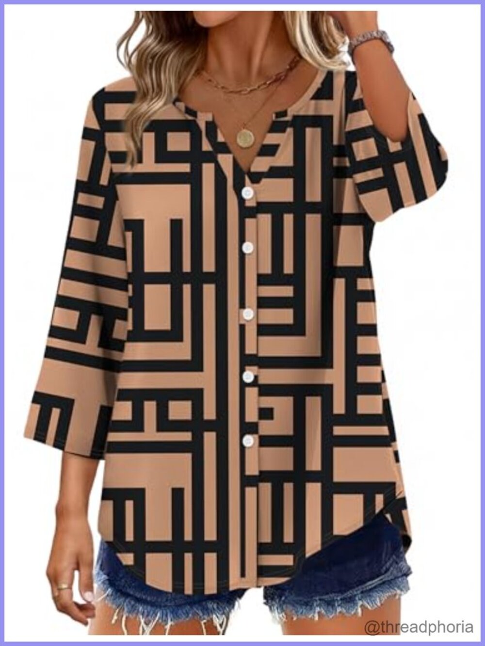 Women's 3/4 Sleeve V-Neck Button Down Blouse Loose Fit Business Casual
